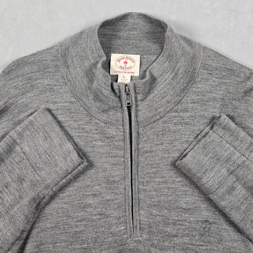 Brooks Brothers Merino Wool Sweater Mens XL Gray 1/4 Zip Red Fleece Preppy